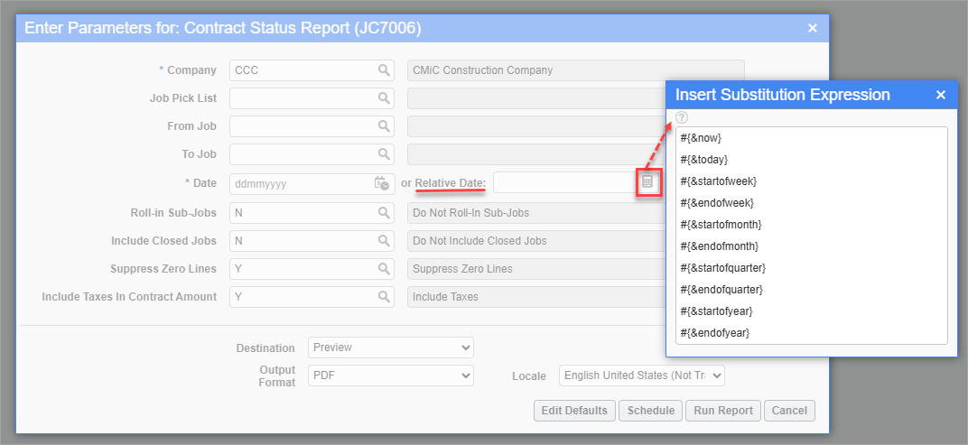 Example of the Relative Date field on the Contract Status Report (JC7006).