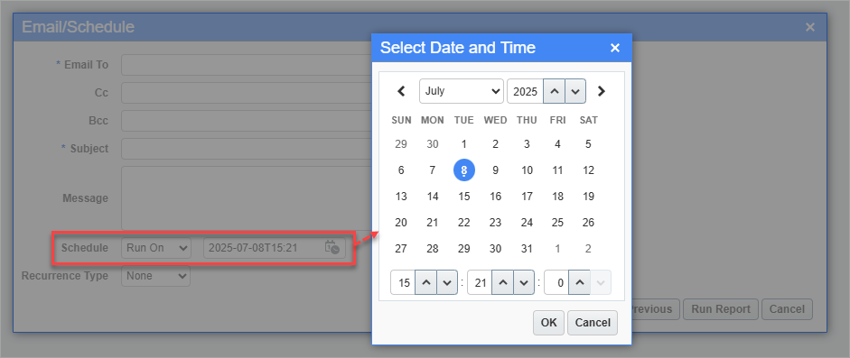 Screenshot of Select Date and Time pop-up launched from Schedule fields.
