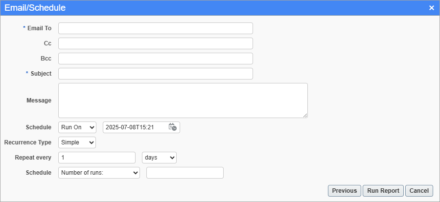 Screenshot of Email/Schedule with Simple recurrence type.