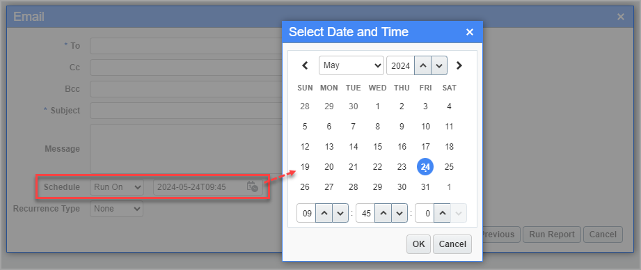 Screenshot of Email screen with calendar pop-up