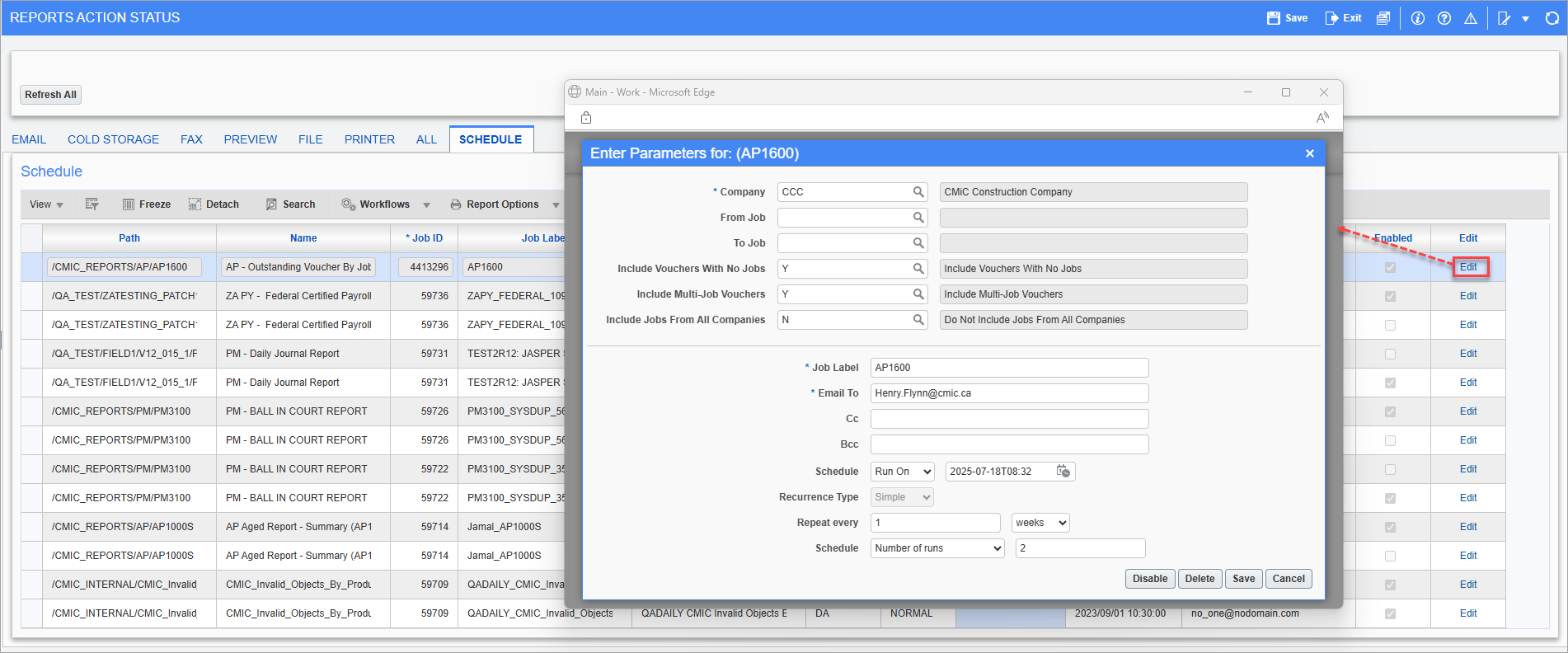 Screenshot of Edit pop-up on Report Action Status.