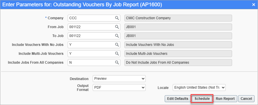 Screenshot of report parameter screen with [Schedule] button highlighted.