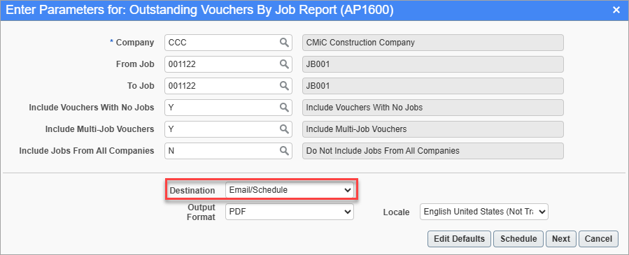 Screenshot of report parameter screen with "Email/Schedule" selected in the Destination field.