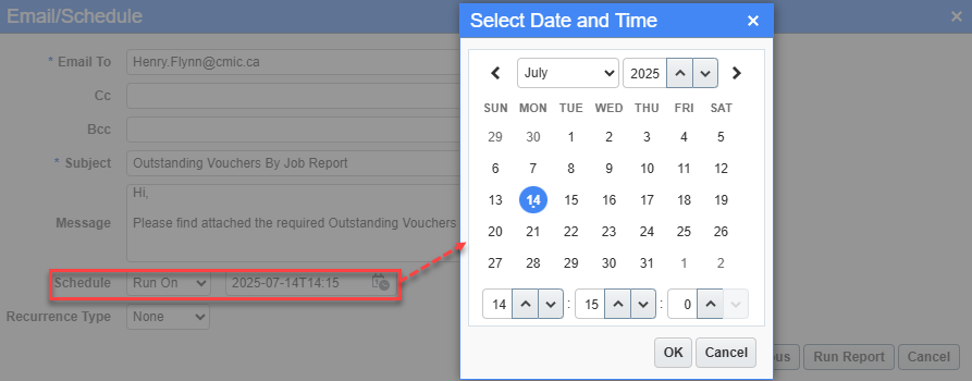 Screenshot of Select Date and Time pop-up launched from Schedule fields.