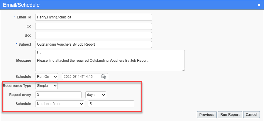 Screenshot of Email/Schedule with Simple recurrence type.