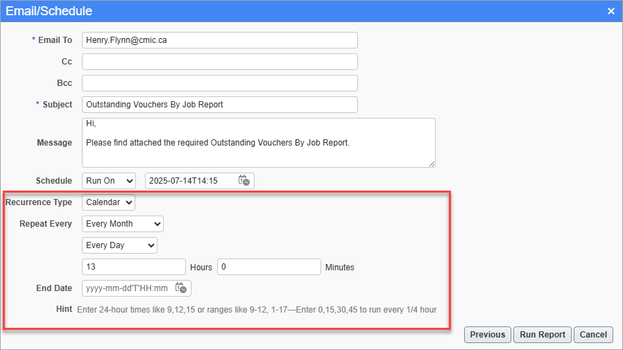 Screenshot of Email/Schedule with calender recurrence type.