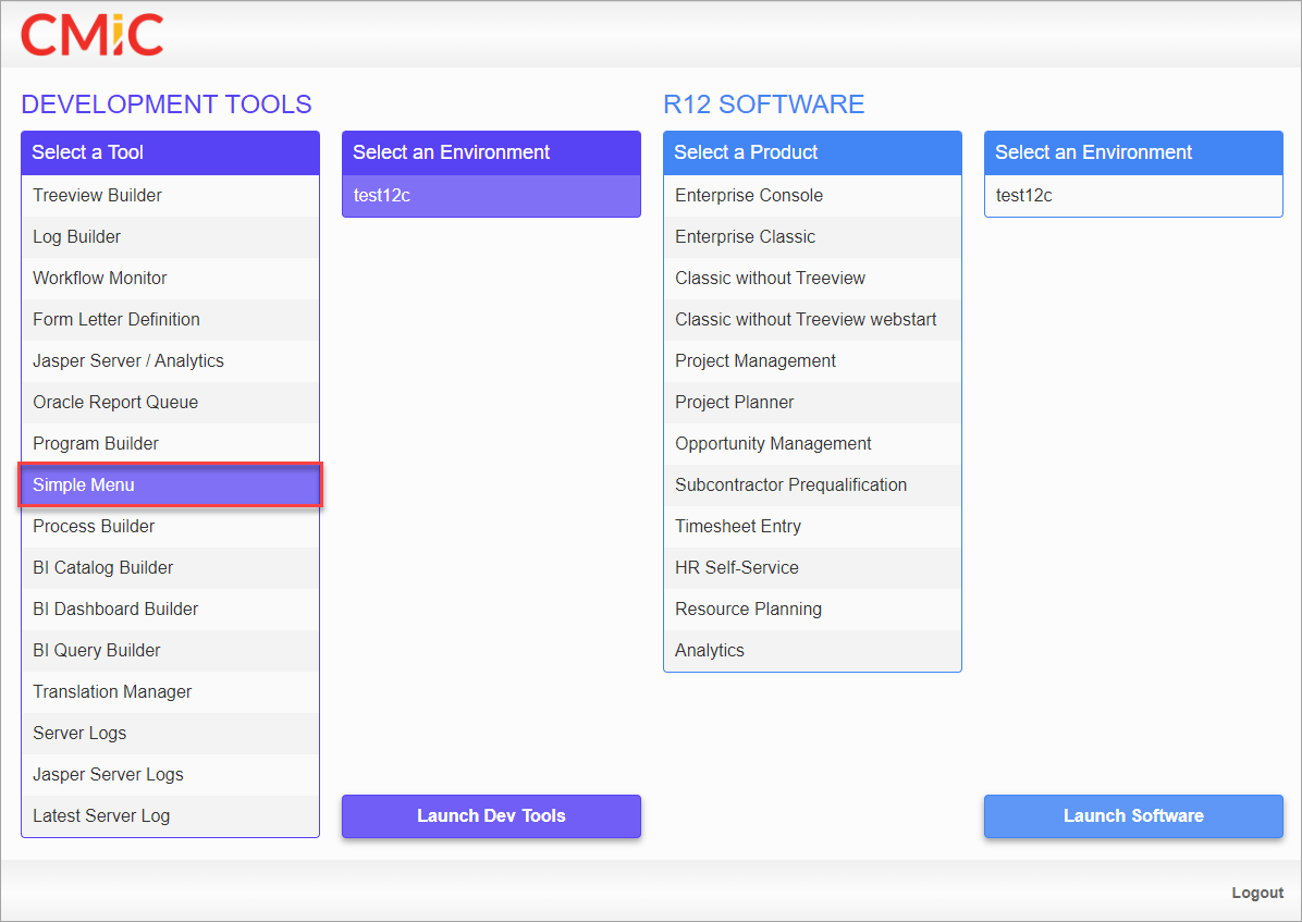 Screenshot of CMiC Enterprise launch page with Simple Menu highlighted.