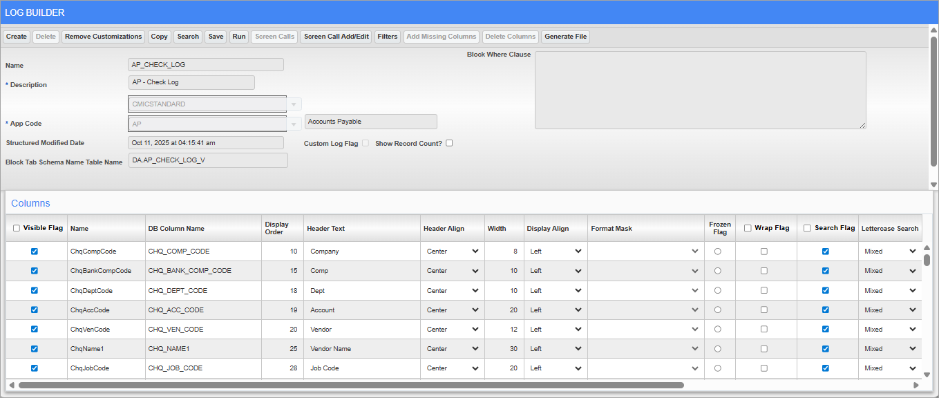 Screenshot of Log Builder screen.