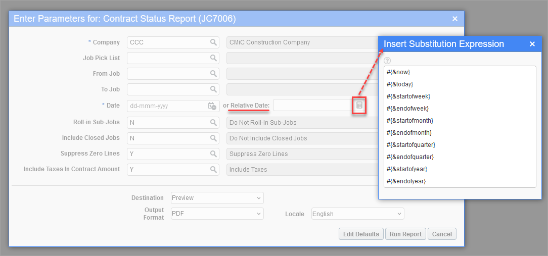 Example of the Relative Date field on the Report Parameters pop-up window