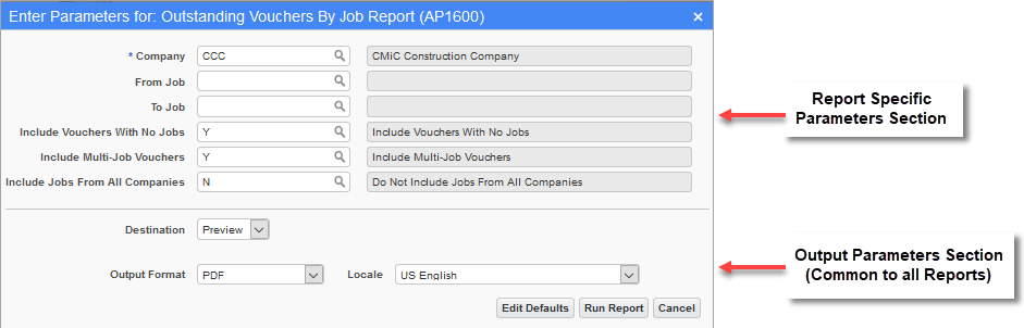 Example of Printing Options screen for parameter entry