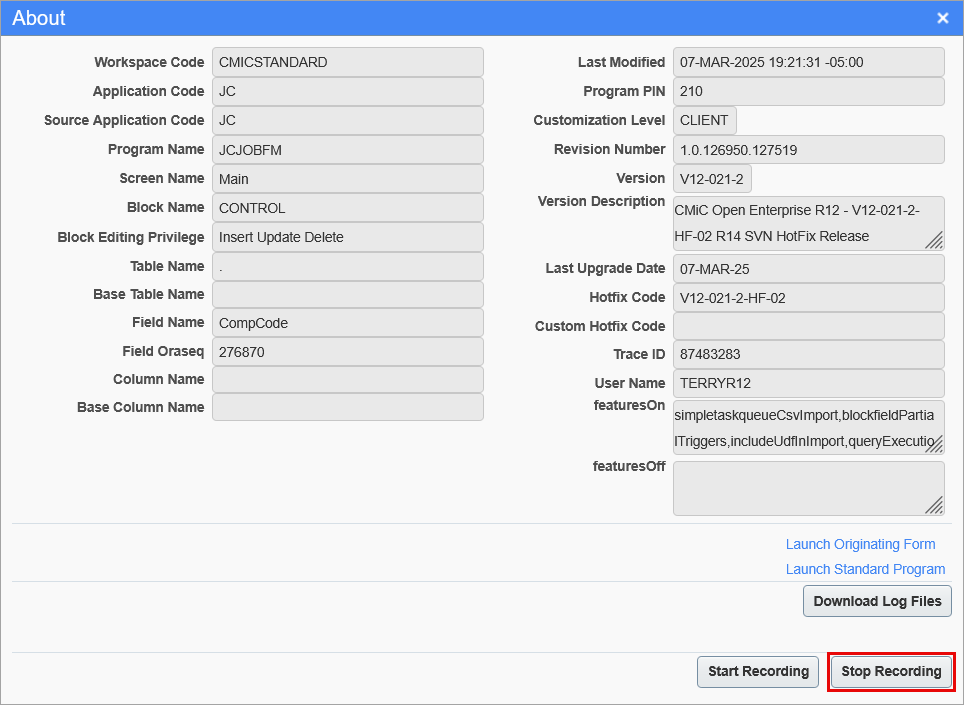 Sample of the [Stop Recording] button on the About screen