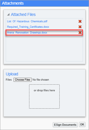 Screenshot of Attachments pop-up window with attachment added to the Attached Files section.