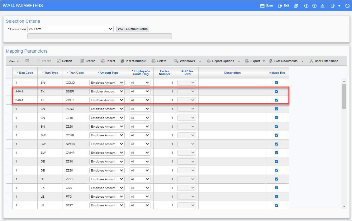 Screenshot of W2/T4 Parameters screen with mapping parameters for 4-941 and 6-941 codes hilighted