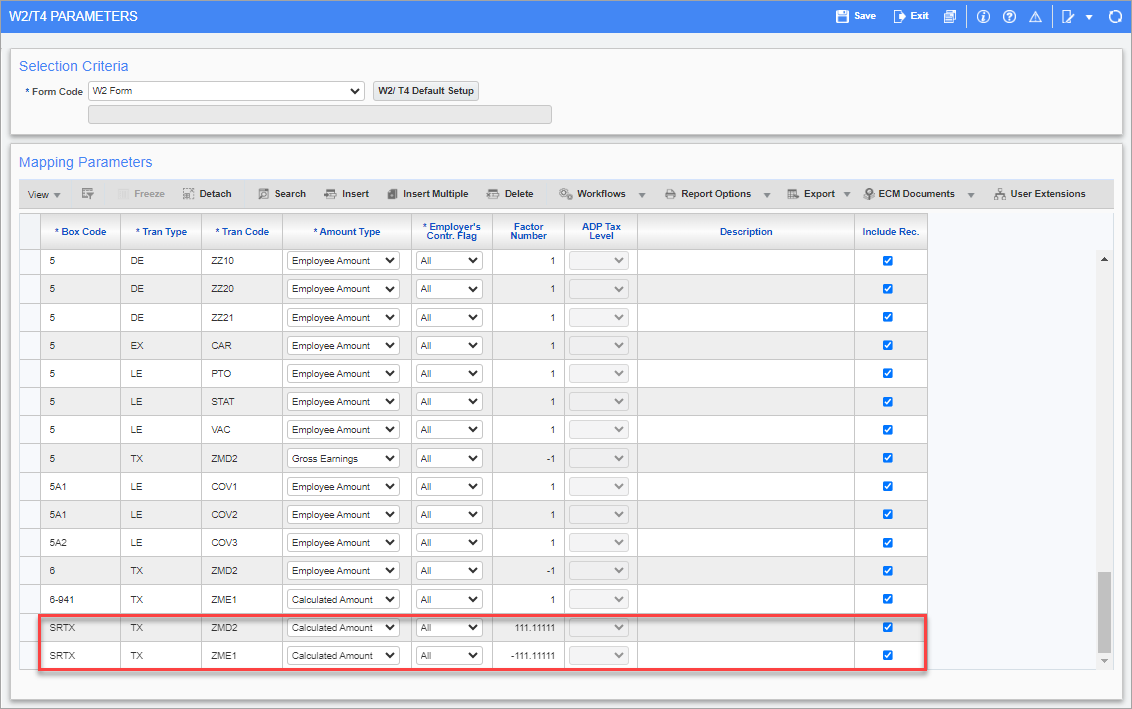 Screenshot of W2/T4 Parameters screen with mapping parameters forSRTX codes hilighted