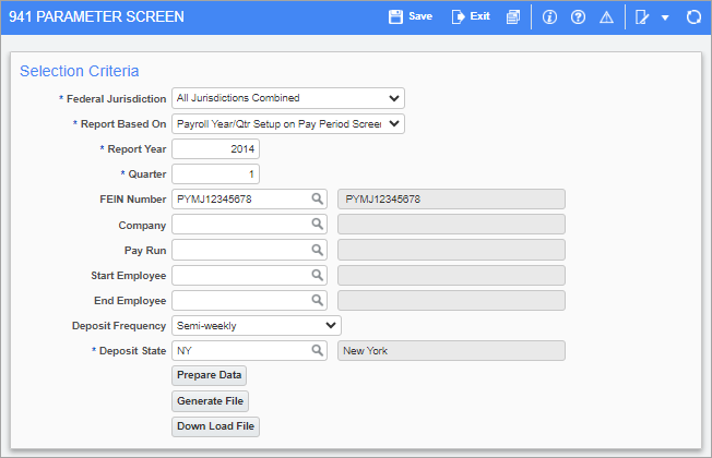 Screenshot of 941 Parameter Screen