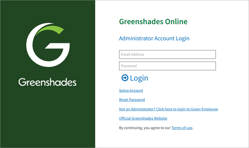 Screenshot of Greeenshades Online login.