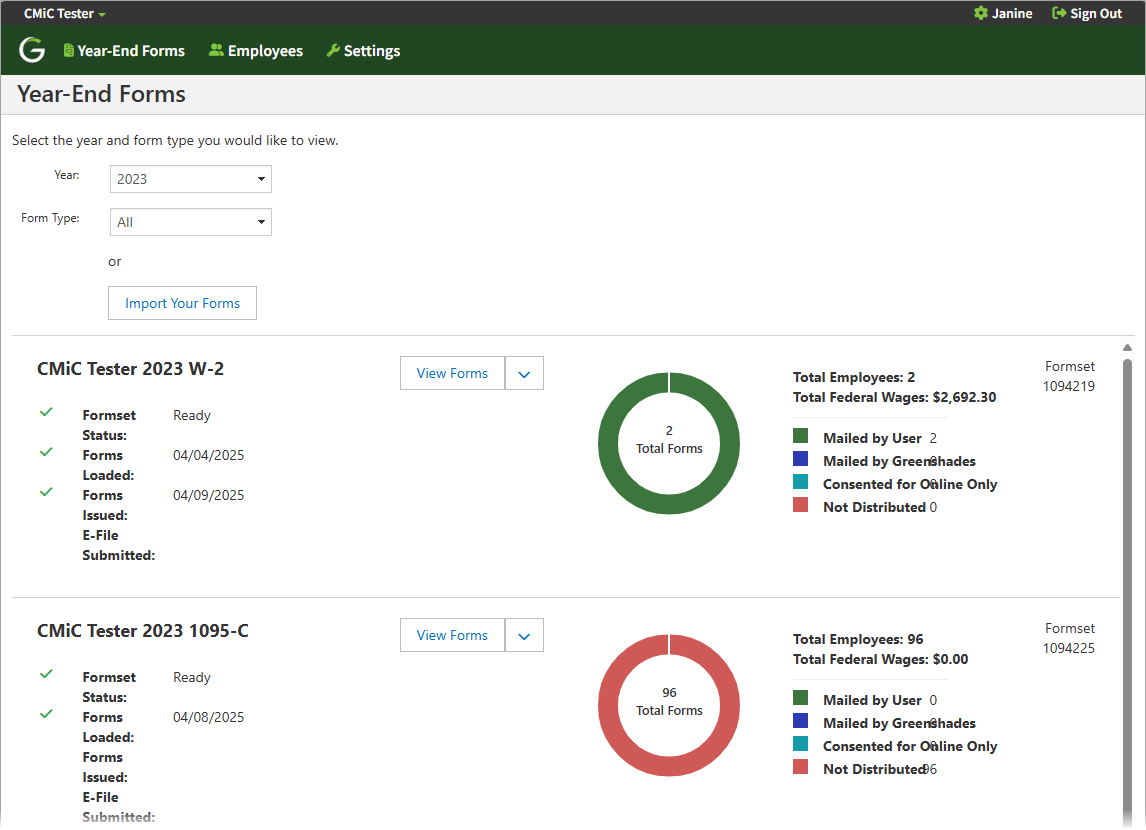 Screenshot of Year-End Forms on Greenshades Online.