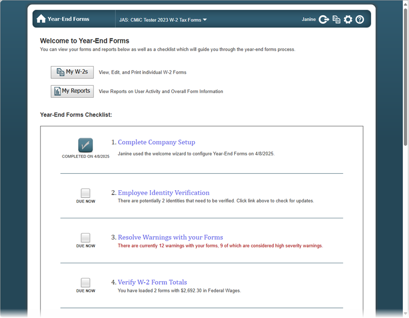 Screenshot of Year-End Forms checklist wizard.