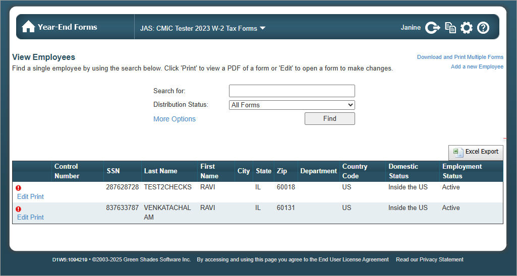 Screenshot of Year-End Forms - View Employees.