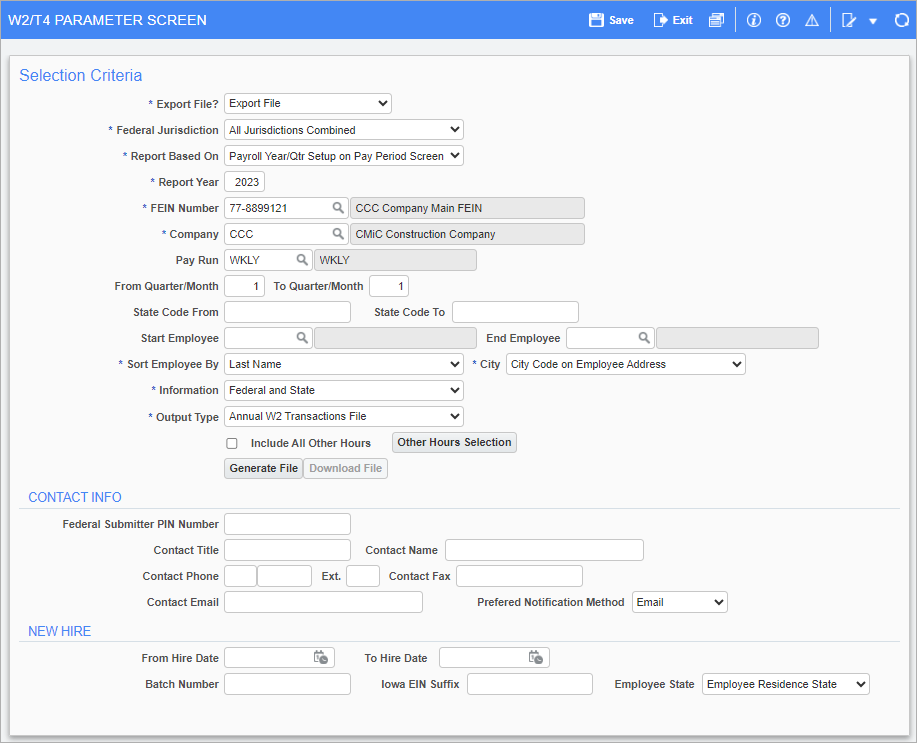 Screenshot of W2/T4 Parameter Screen in Greenshades Step 3 Setup