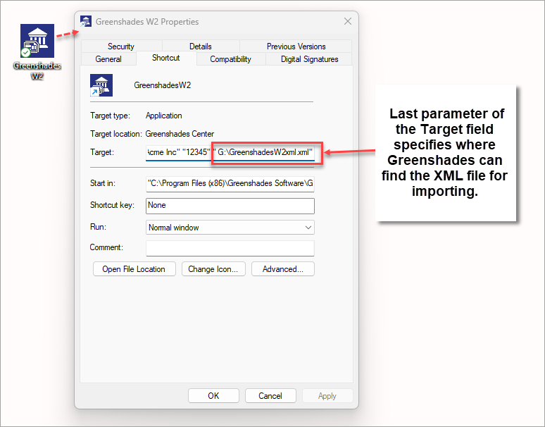 Screenshot of Windows Shortcut Properties with last parameter of Target field highlighted.