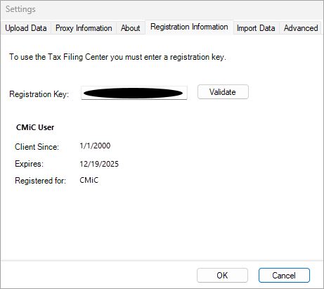 Screenshot of Registration Information tab.