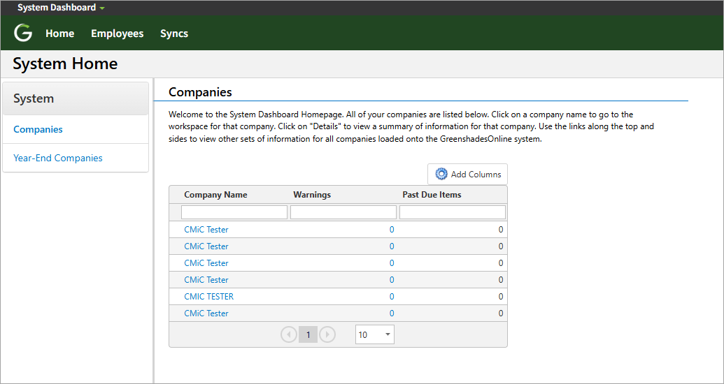 Screenshot of System Dashboard.