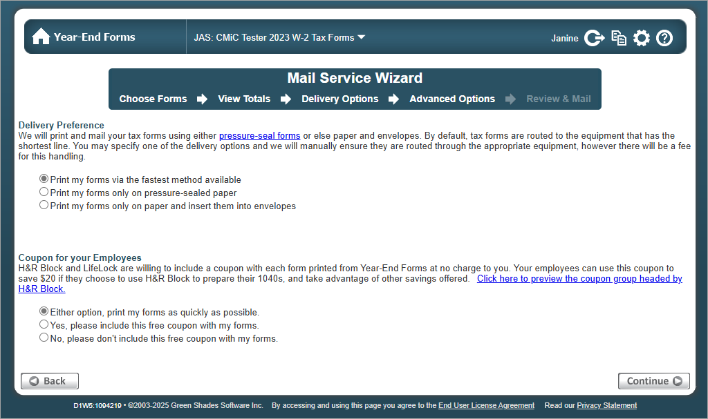 Screenshot of Mail Service Wizard-Advanced Options.