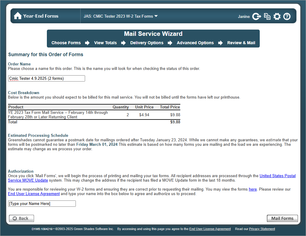 Screenshot of Review and Mail.