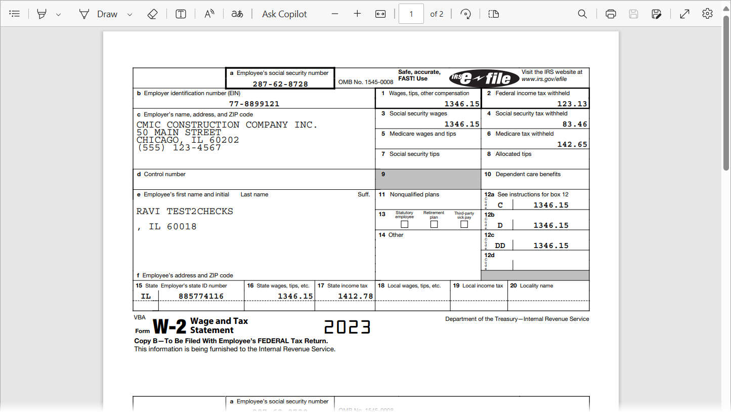 Screenshot of sample W-2 form.