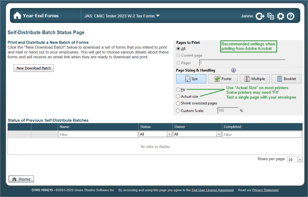 Screenshot of Self-Distribute Batch Status Page.