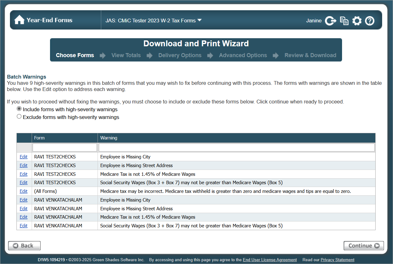 Screenshot of Choose Forms - Batch Warnings.