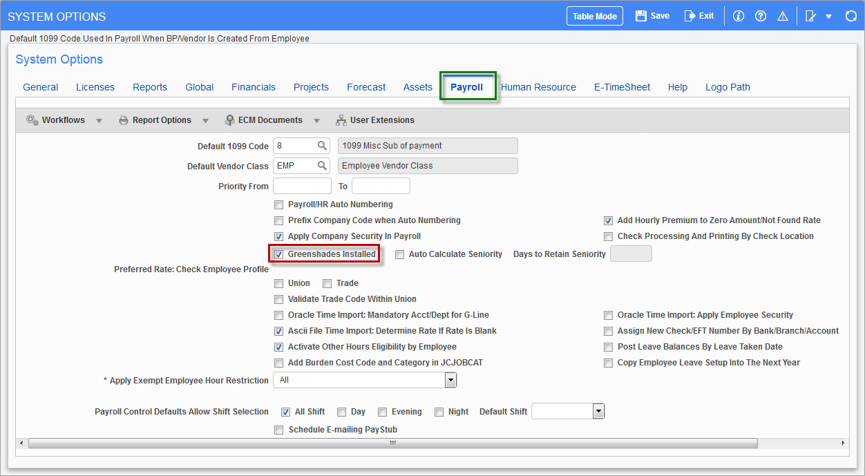 Screenshot of System Options - Payroll tab