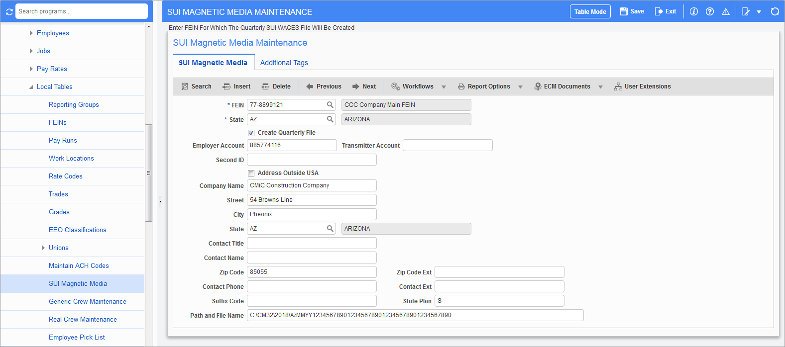 Screenshot of Local Tables > SUI Magnetic Media