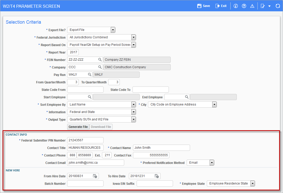 Screenshot of W2/T4 Parameter Screen with Contact and New Hire sections highlighted.