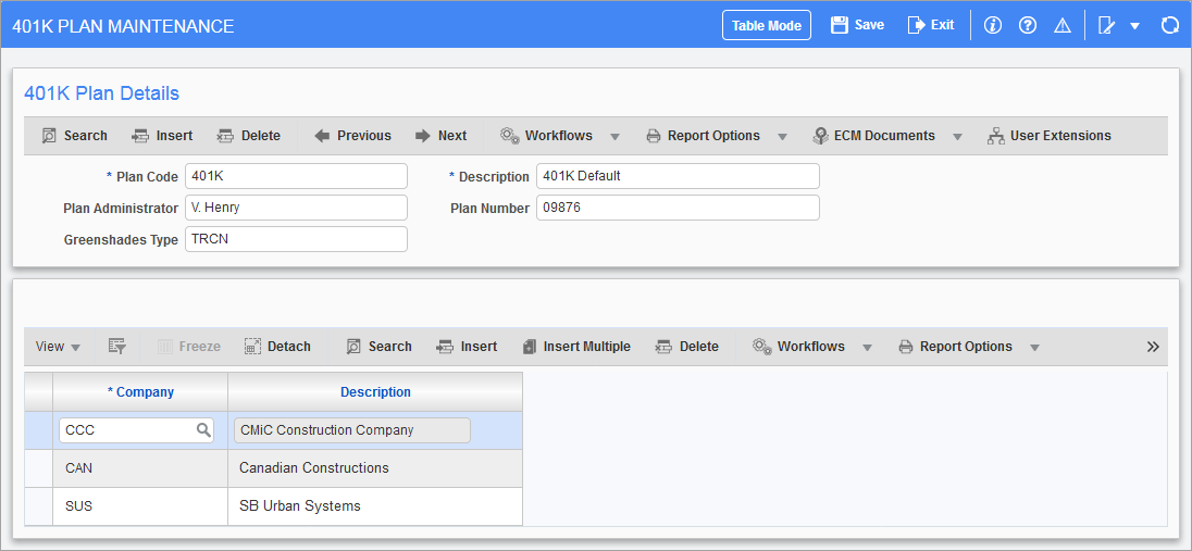 Screenshot of 401K Plan Maintenance.