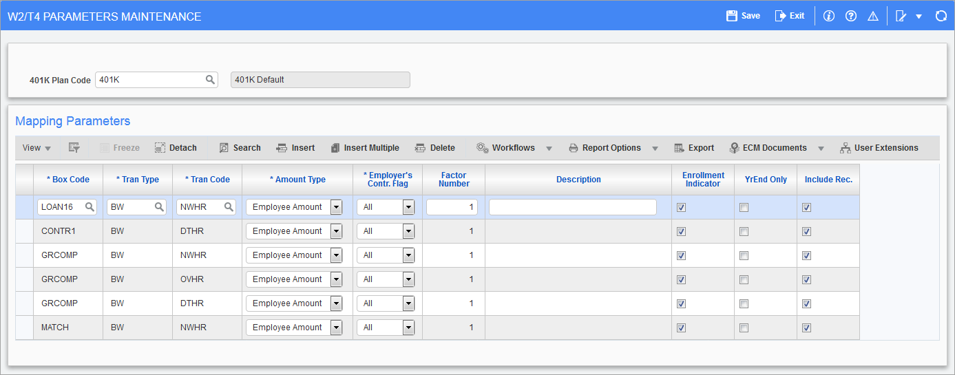 Screenshot of W2/T4 Parameters Maintenance.