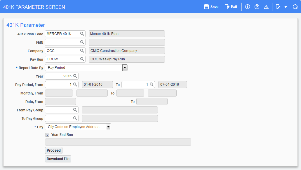 Screenshot of 401K Parameter Screen.