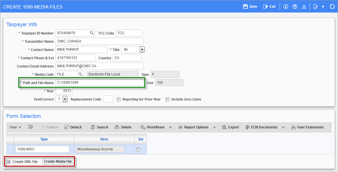 Screenshot of Create 1099 Media Files.