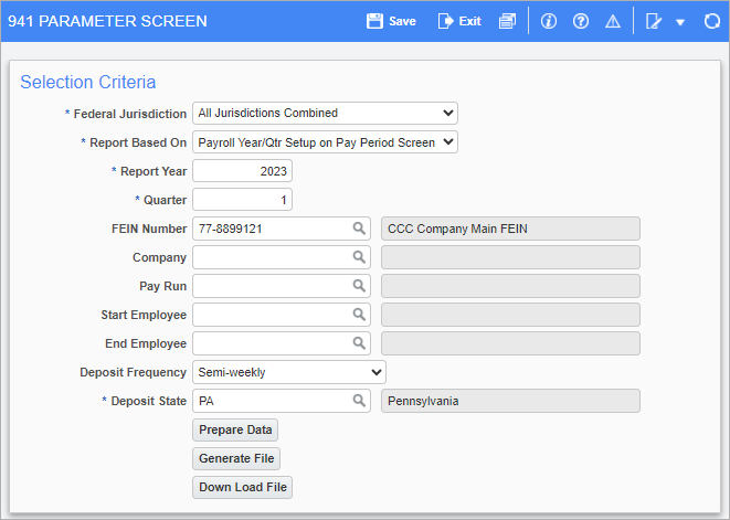 Screenshot of 941 Parameter Screen.