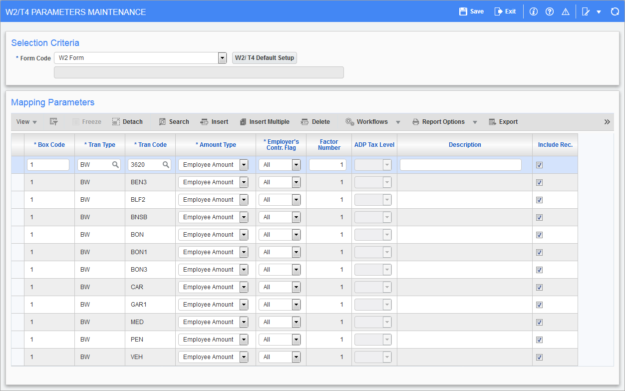 Screenshot of  W2 Mapping Parameters