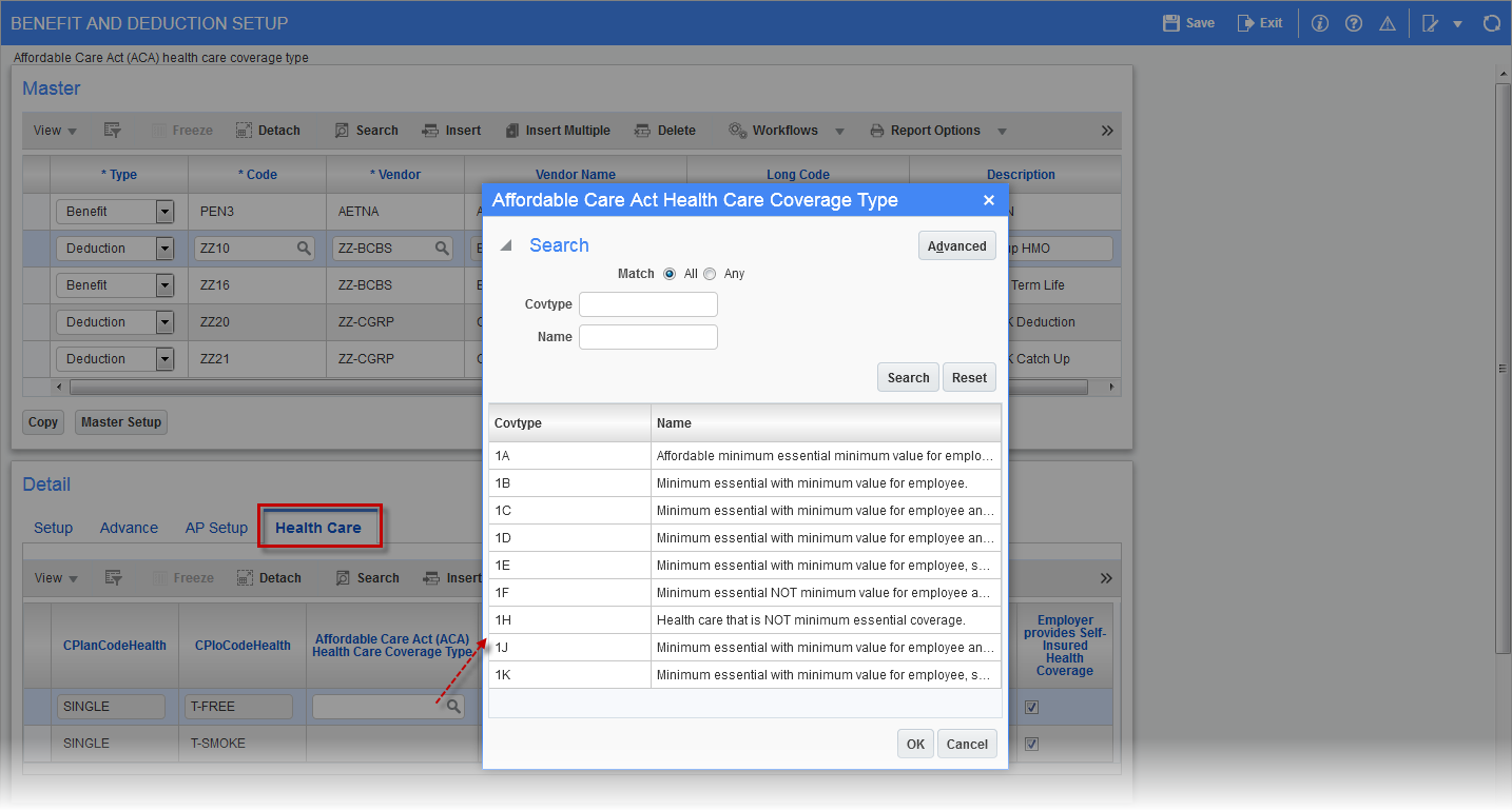 Screenshot of ACA Coverage Type pop-up.
