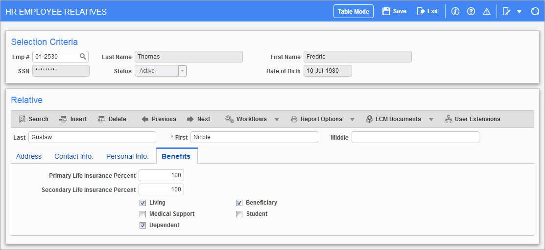 Screenshot of HR Employee Relatives. 