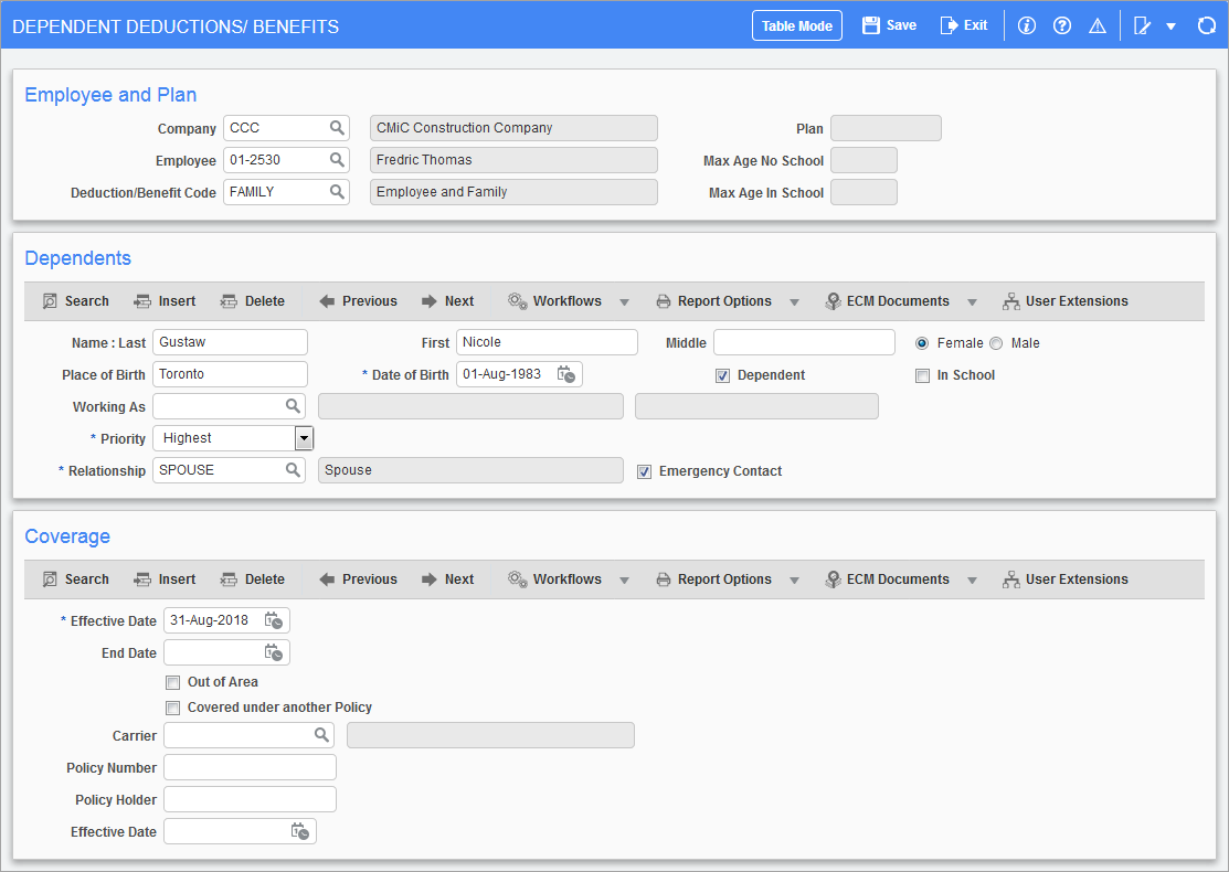 Screenshot of Dependent Deductions/Benefits. 