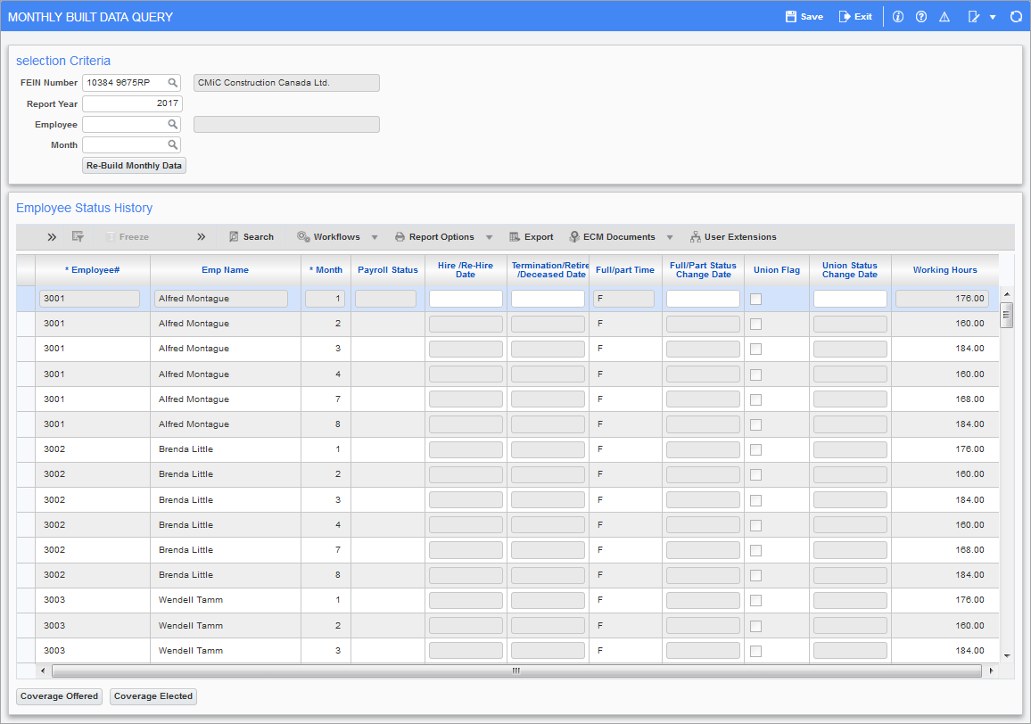 Screenshot of ACA Monthly Built Data Query. 
