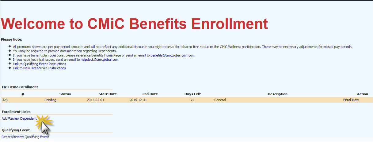 Screenshot of Benefits Enrolment welcome page.