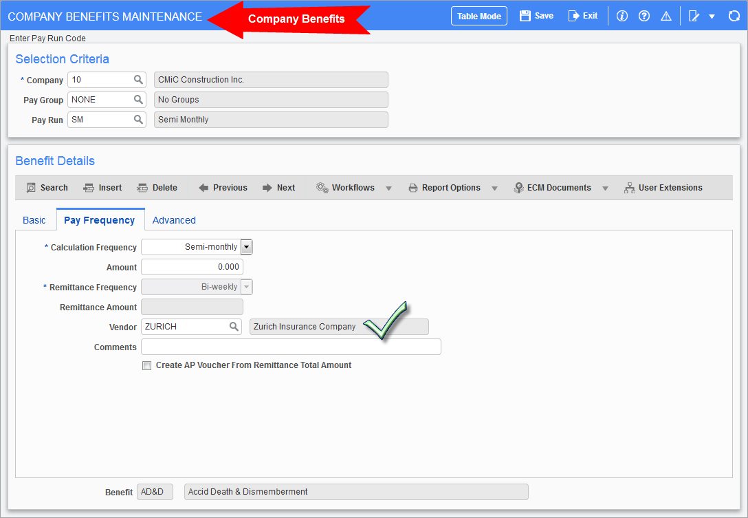 Screenshot of Company Benefits Maintenance