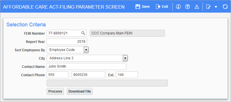 Screenshot of Affordable Care Act-Filing Parameter Screen.