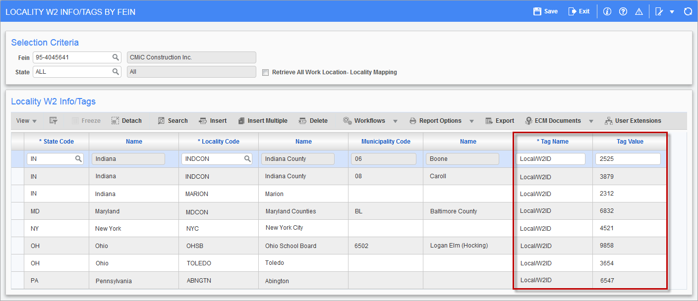Screenshot of  Locality W2 Info/Tags.