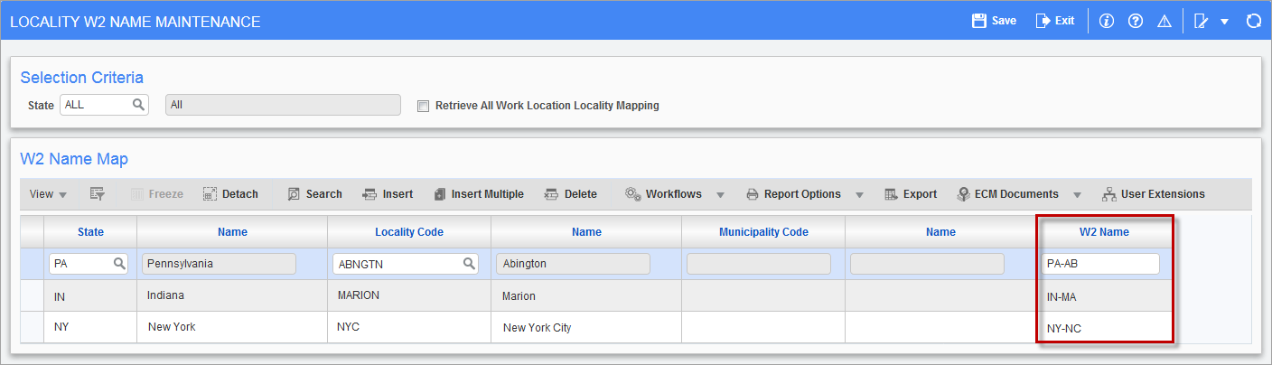 Screenshot of Locality W2 Name Maintenance.